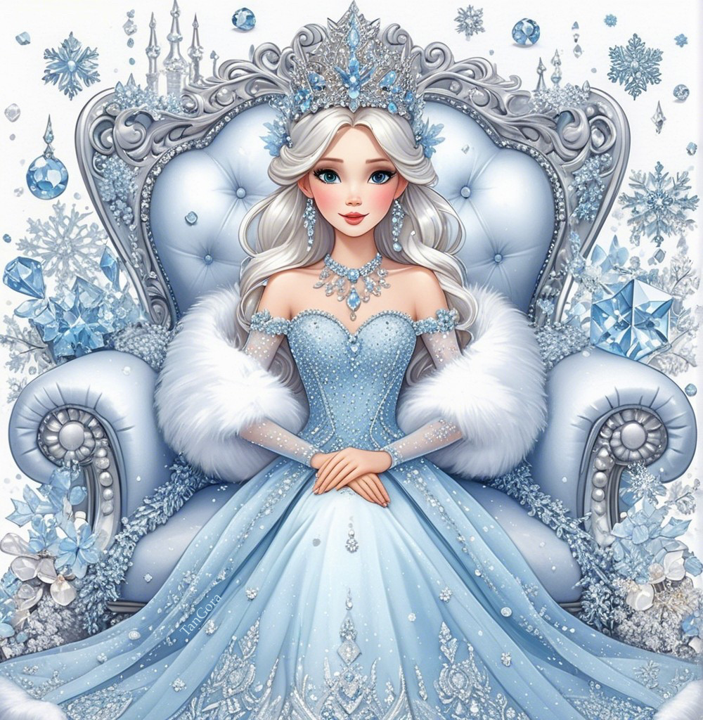 Regal Figure on Ornate Silver Throne in Winter Wonderland