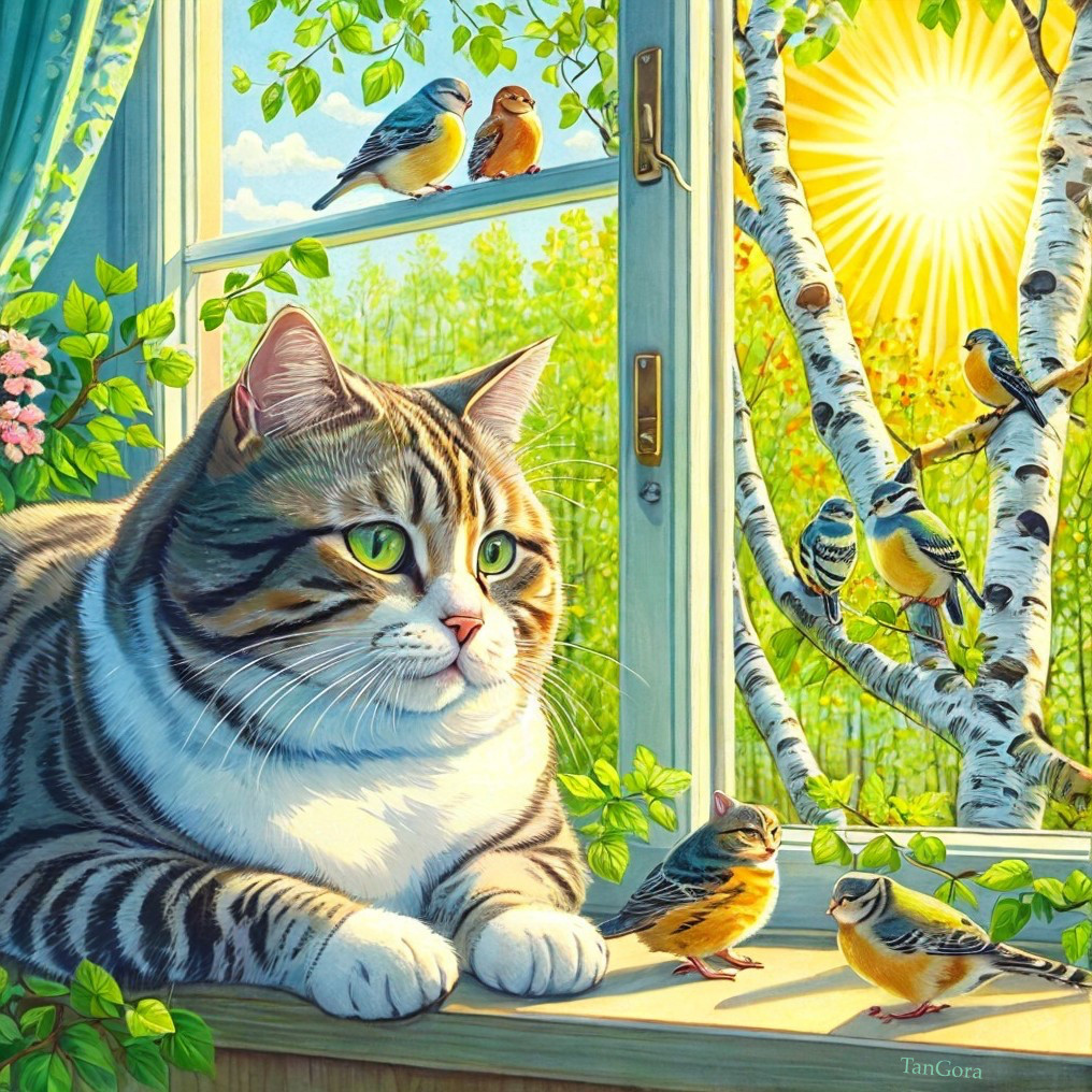 Striped Cat Observing Birds from a Sunlit Windowsill