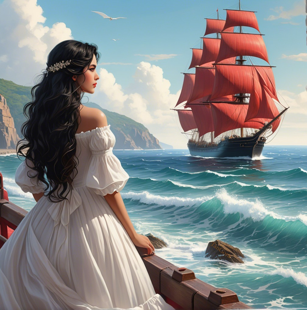 Woman in White Dress on Ship Overlooking Red-Sailed Ship