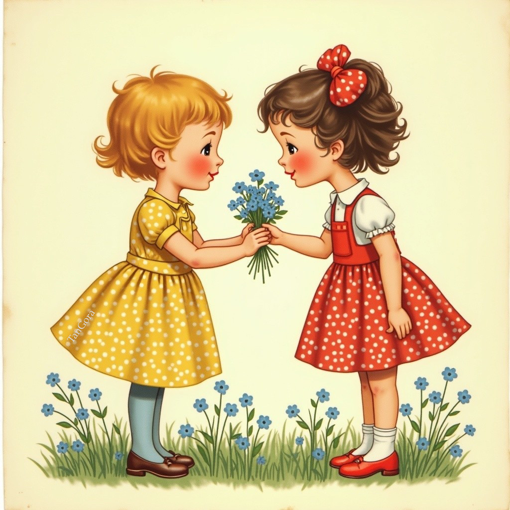 Cheerful girls in polka-dot dresses in a sunny field