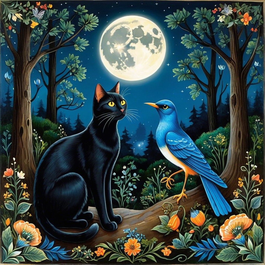Moonlit Forest Scene with Black Cat and Blue Bird