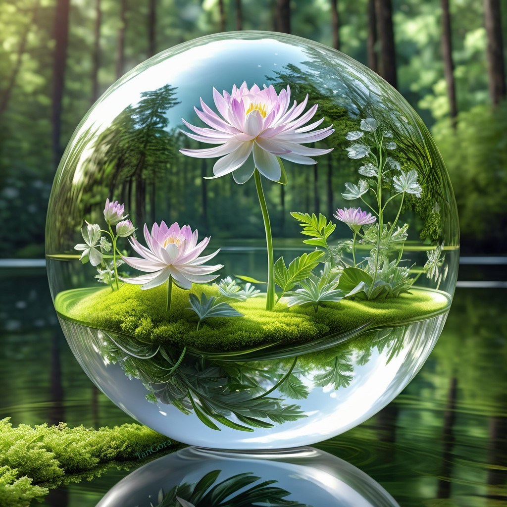 Serene Orb with Lotus Flowers and Green Landscape