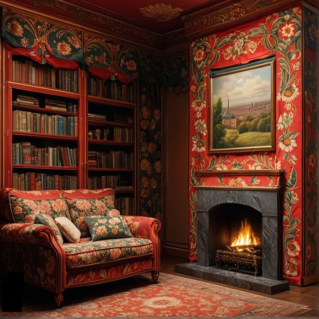 Cozy Room with Floral Wallpaper and Fireplace