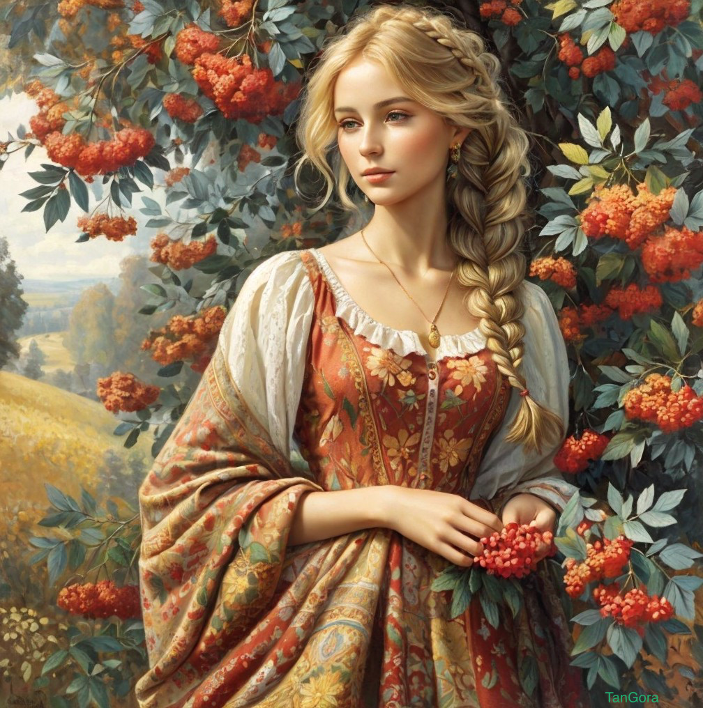 Young woman in gown among orange rowan berries