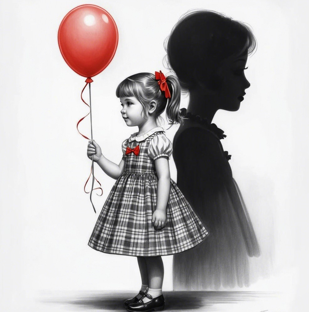 Little girl with red balloon in plaid dress and shadows