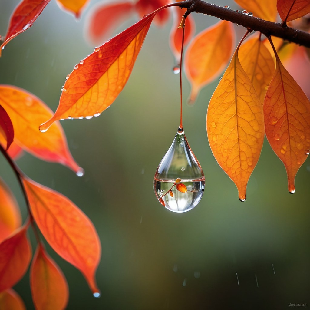 Close-up of Vibrant Autumn Leaves with Water Droplets