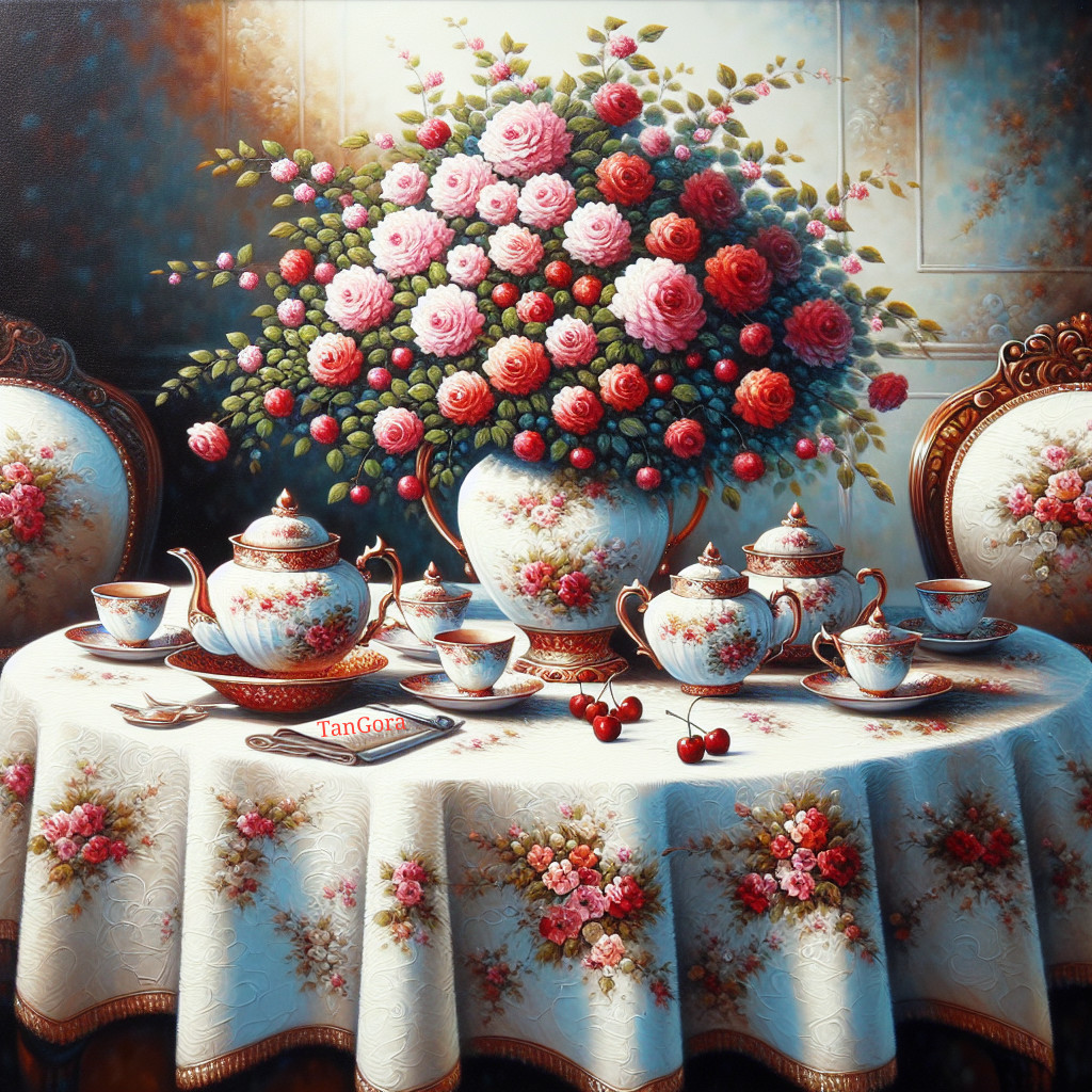 Elegant Table Setting with Floral Teapot and Centerpiece