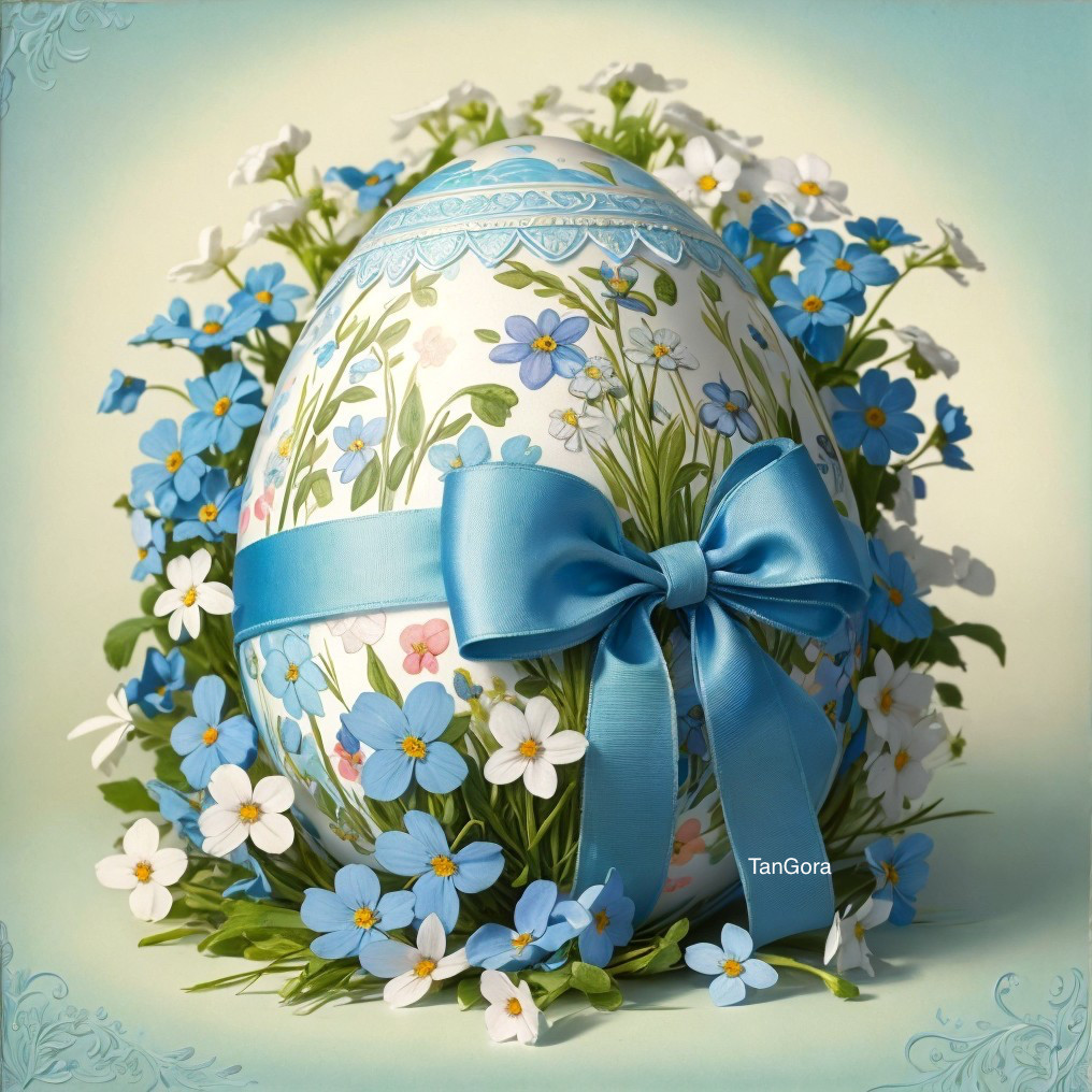 Decorated Easter Egg with Floral Patterns and Ribbon