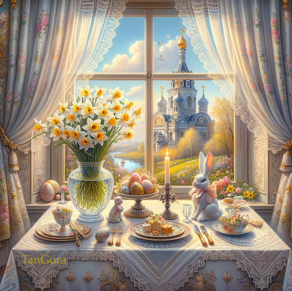 Easter Table Decor with Eggs, Candles, and Daffodils