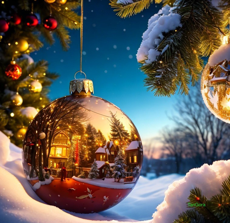 Shimmering Christmas bauble reflects cozy snowy village