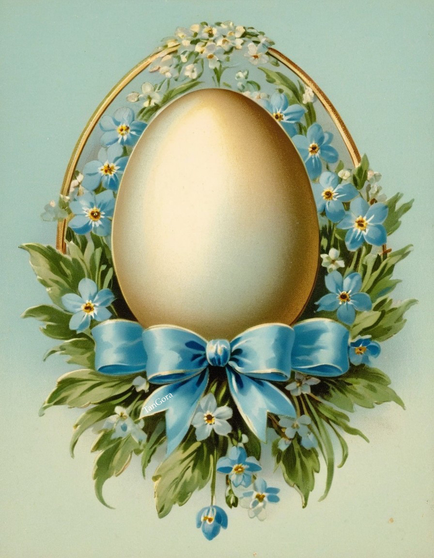 Golden Egg Surrounded by Blue Flowers and Green Leaves