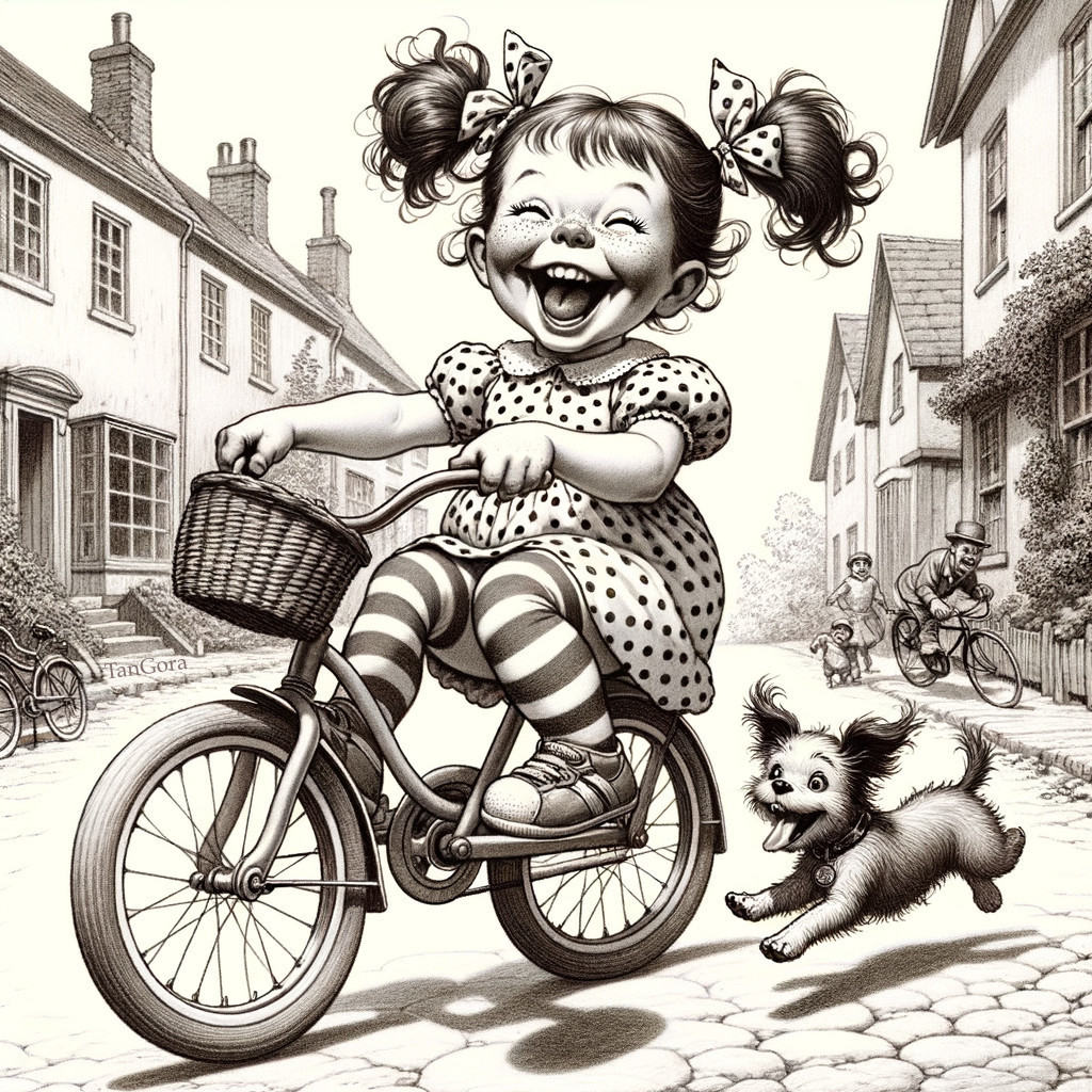 Joyful girl on bicycle with dog in charming street