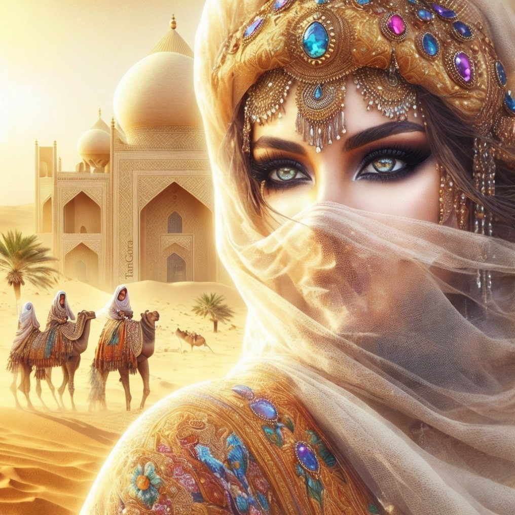 Woman in Jewelry with Desert Palace and Camels