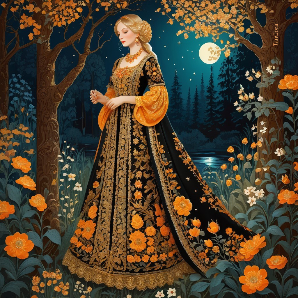 Serene Woman in Ornate Gown in Vibrant Garden Scene