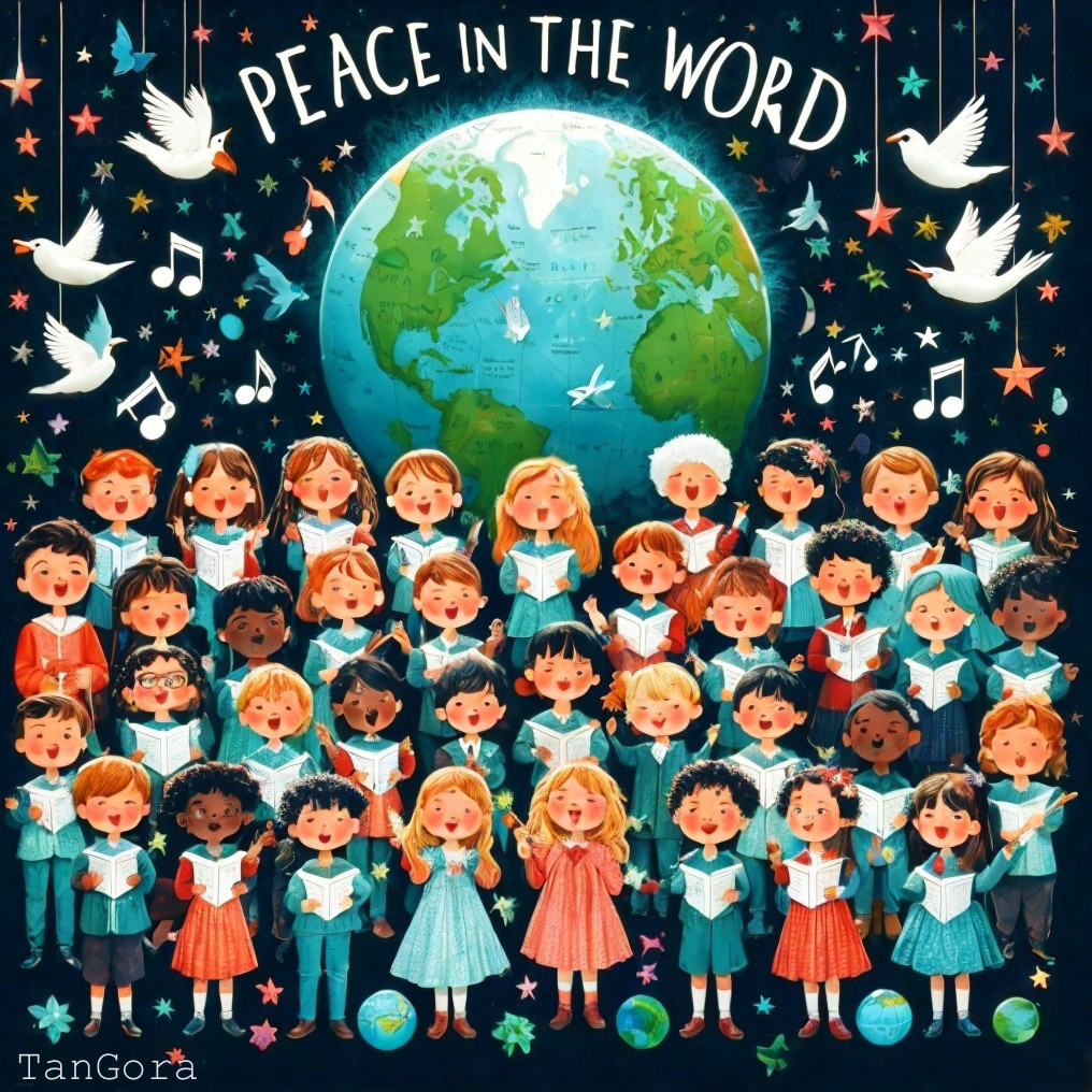 Diverse Children Singing with Doves and Globe Illustration