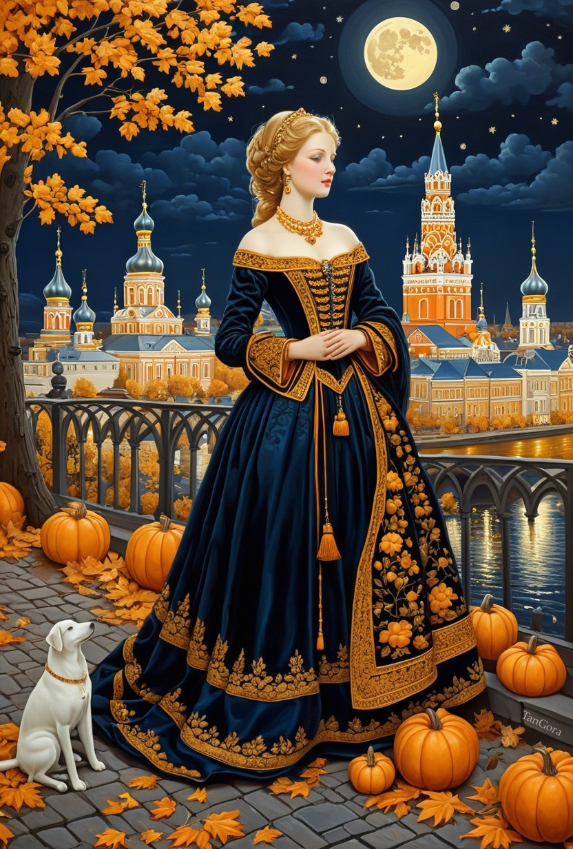 Elegant Woman in Dark Blue Gown Surrounded by Autumn
