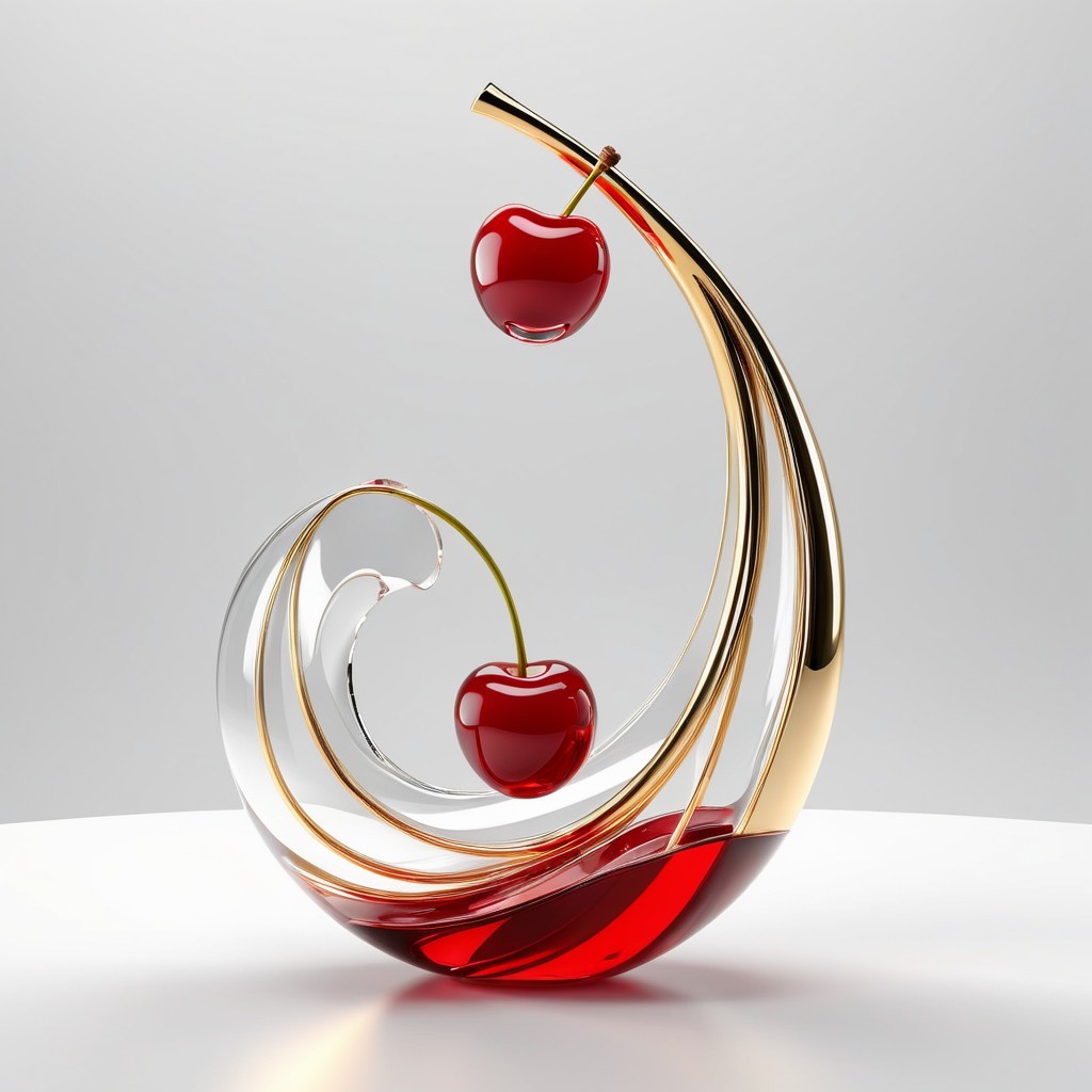 Elegant Glass Art Piece with Red Cherries and Gold Tones