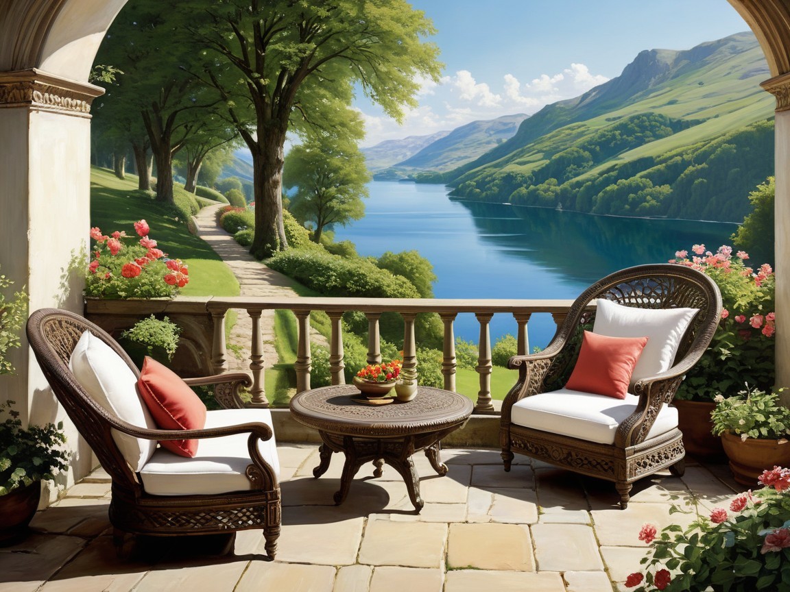 Serene Outdoor Patio with Wicker Chairs and Lake View