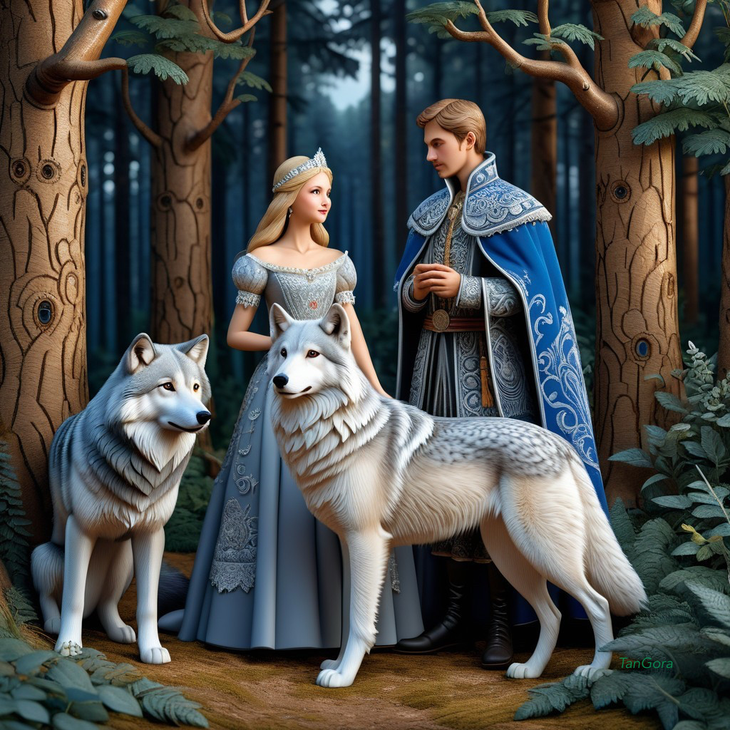 Princess and Prince with Wolves in Enchanted Forest