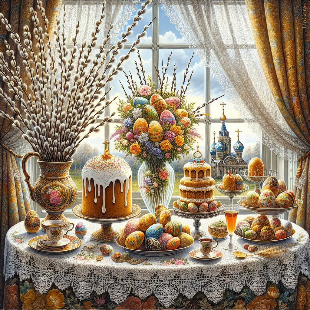 Festive Table Setting with Easter Eggs and Pastries