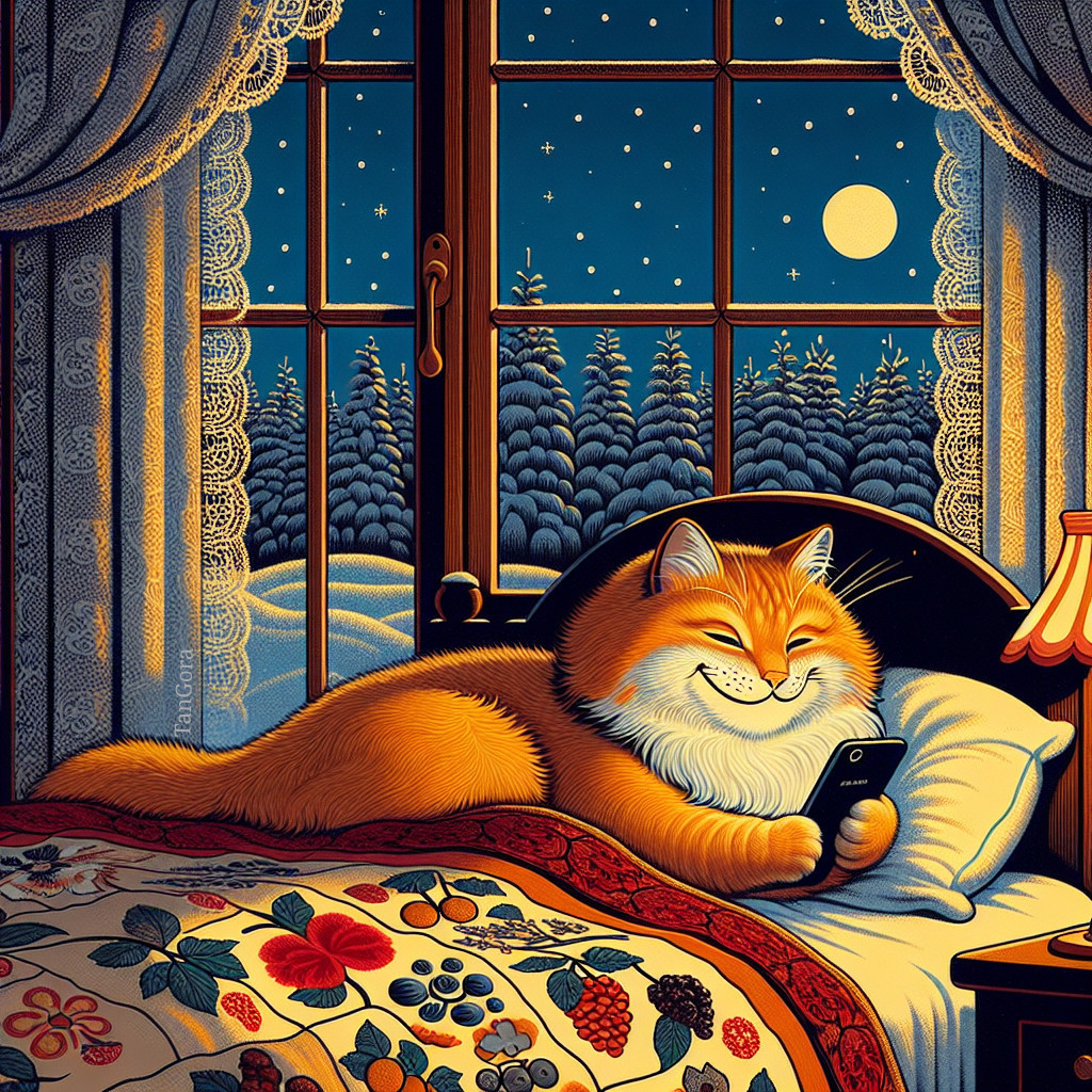 Cozy Bedroom with Cat, Moonlit Winter Scene