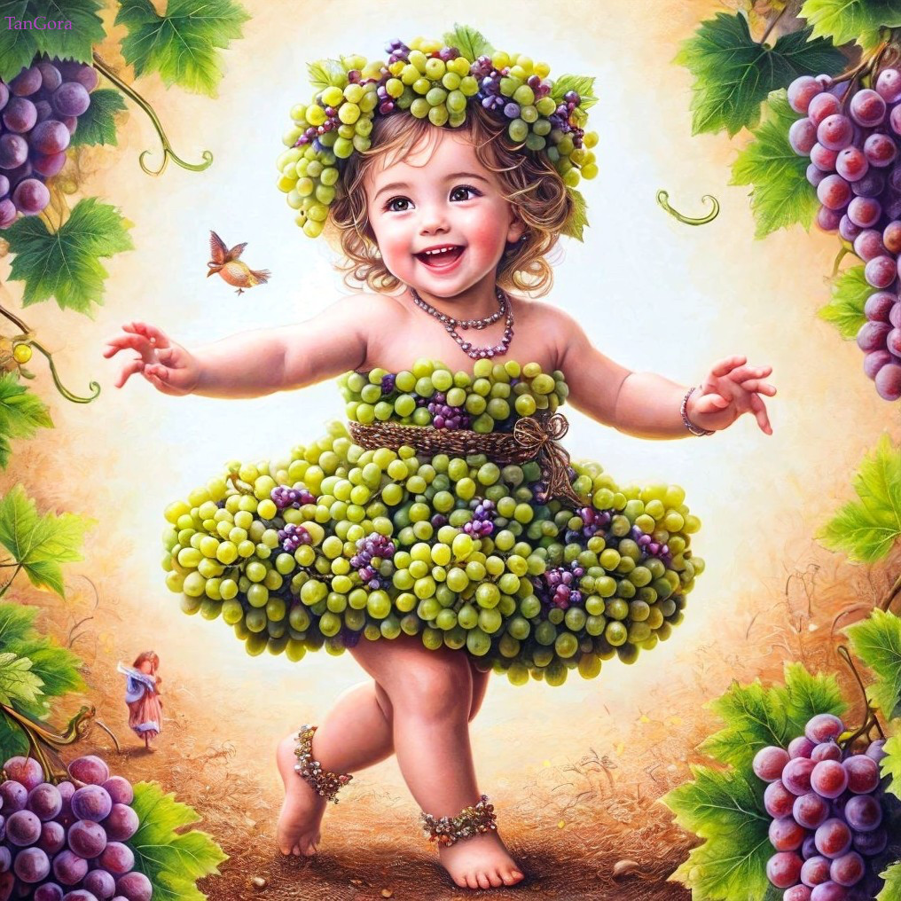 Child in Grape Dress Surrounded by Vines and Leaves