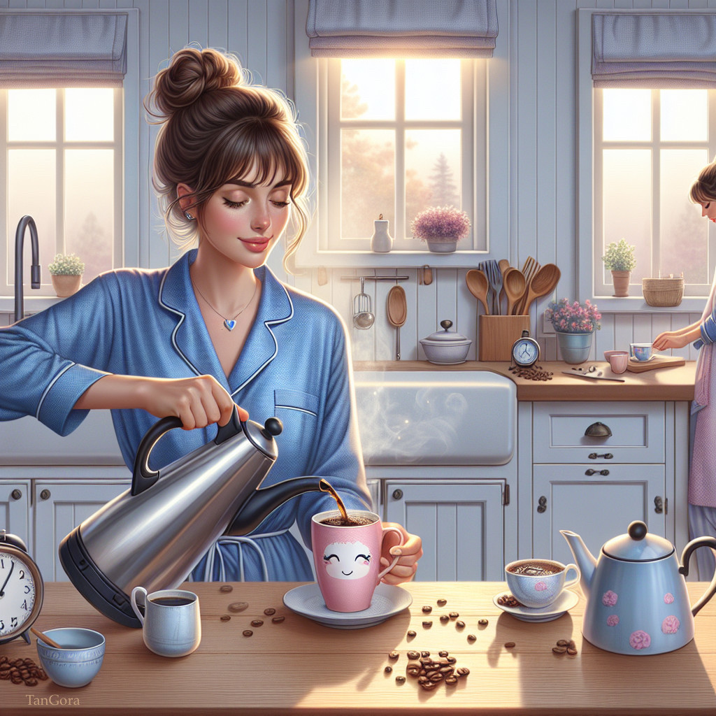 Cozy kitchen scene with a woman pouring hot water