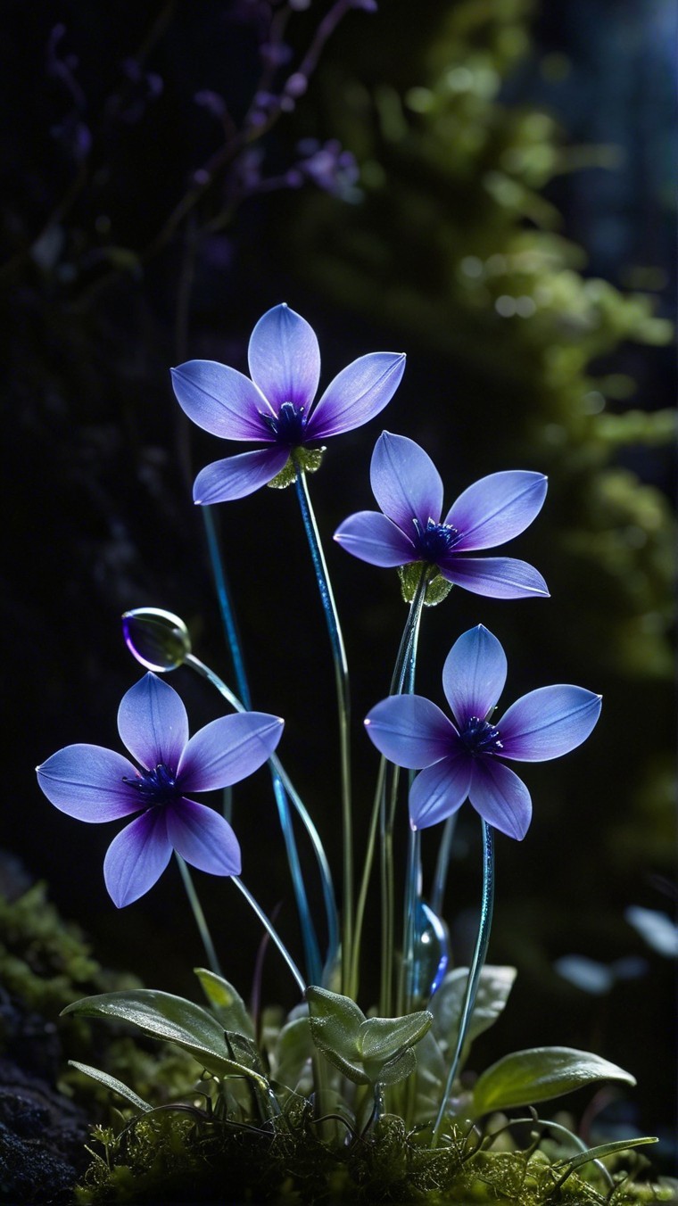 Delicate Purple Flowers Against Dark Mossy Background