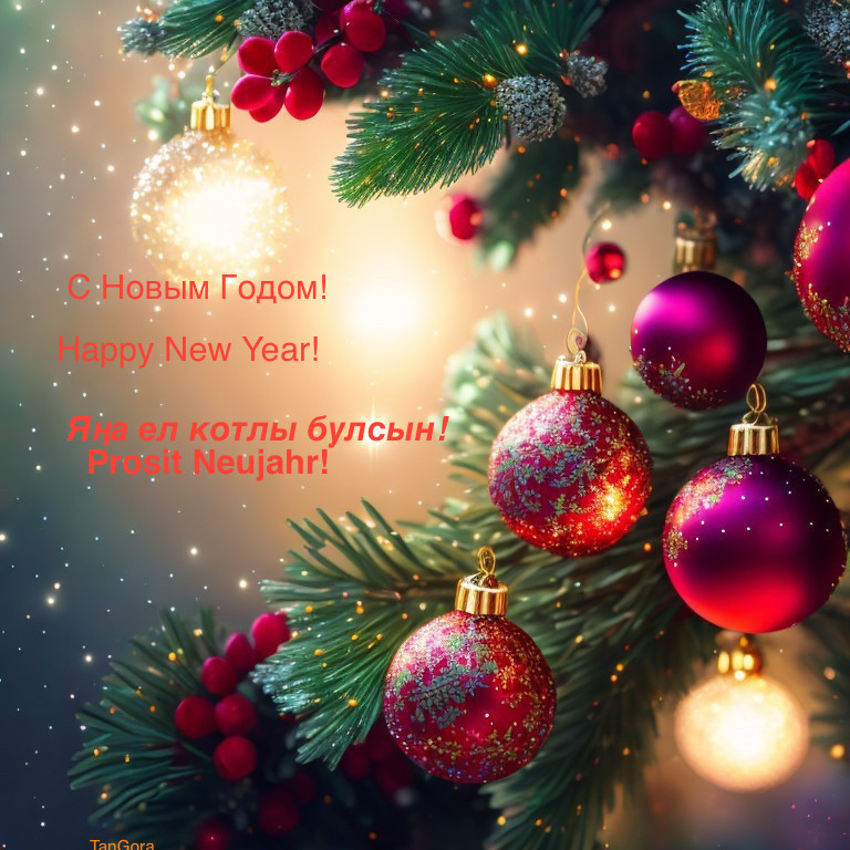 Colorful Christmas tree with festive decorations and multilingual New Year greetings.