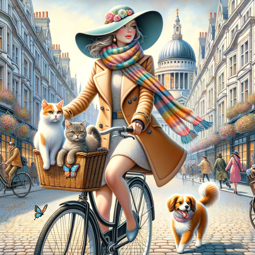 Stylish Woman Biking with Pets in Historic Setting