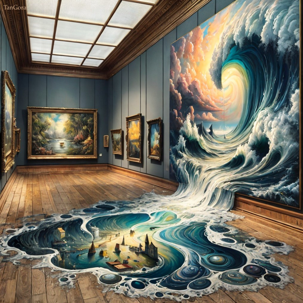 Surreal Art Gallery with Classical Paintings and Wave