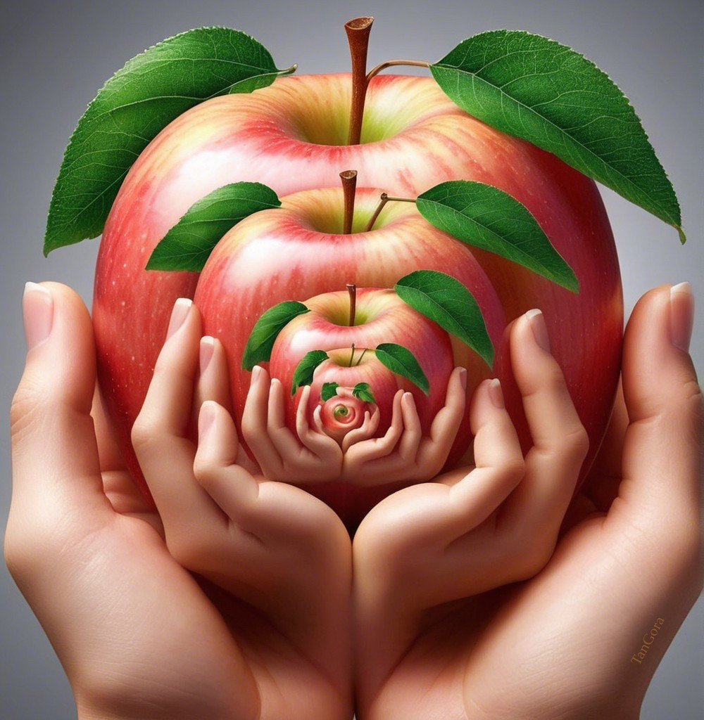Surreal Composition of Nested Red Apples and Hands