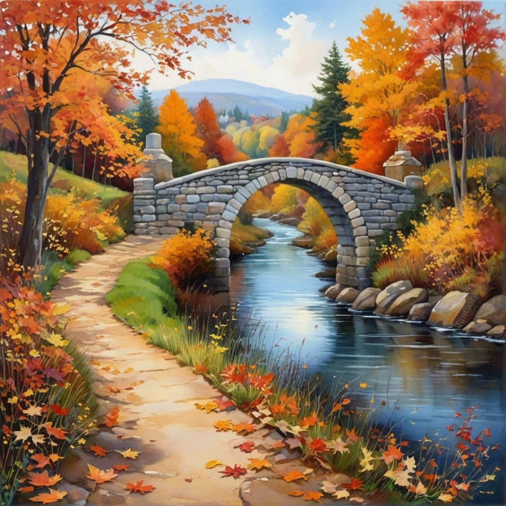 Autumn Landscape with Stone Bridge and Colorful Foliage