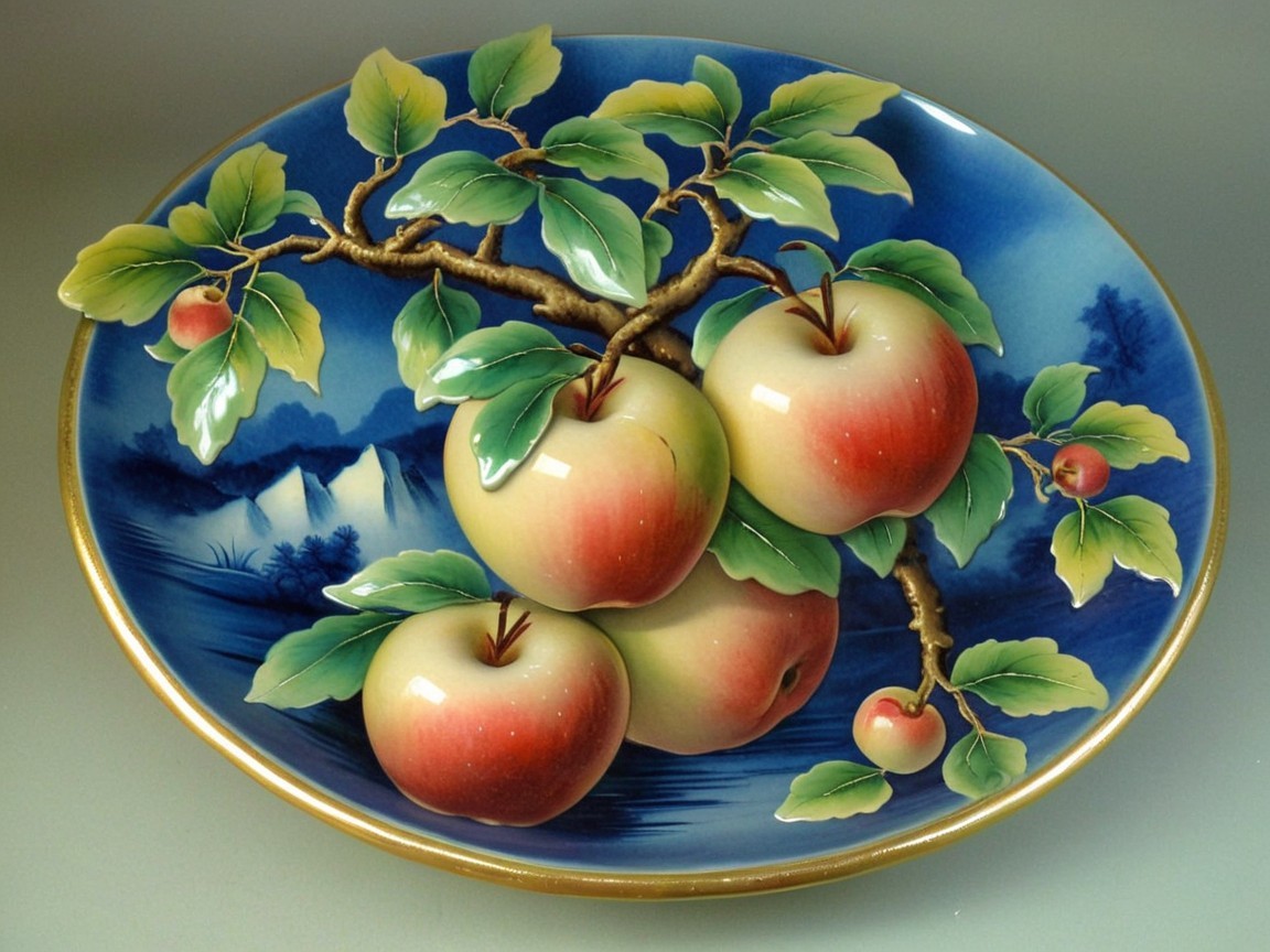 Decorative Plate with Apples and Serene Landscape