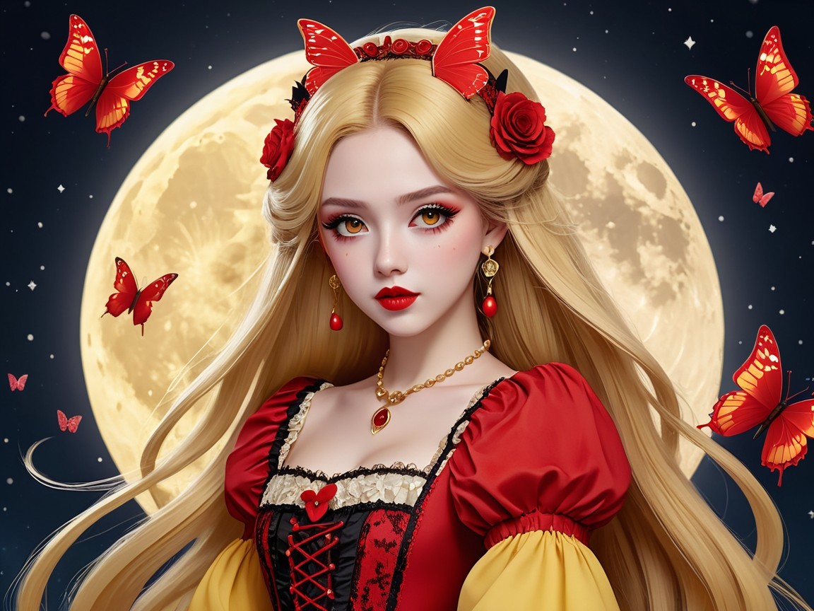 Young woman in red and yellow dress with roses and moon