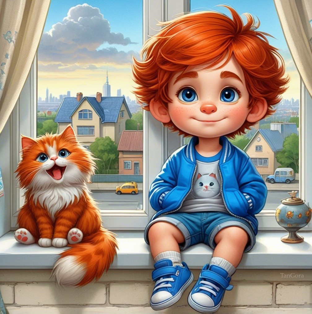 Cheerful boy with red hair and cat by window