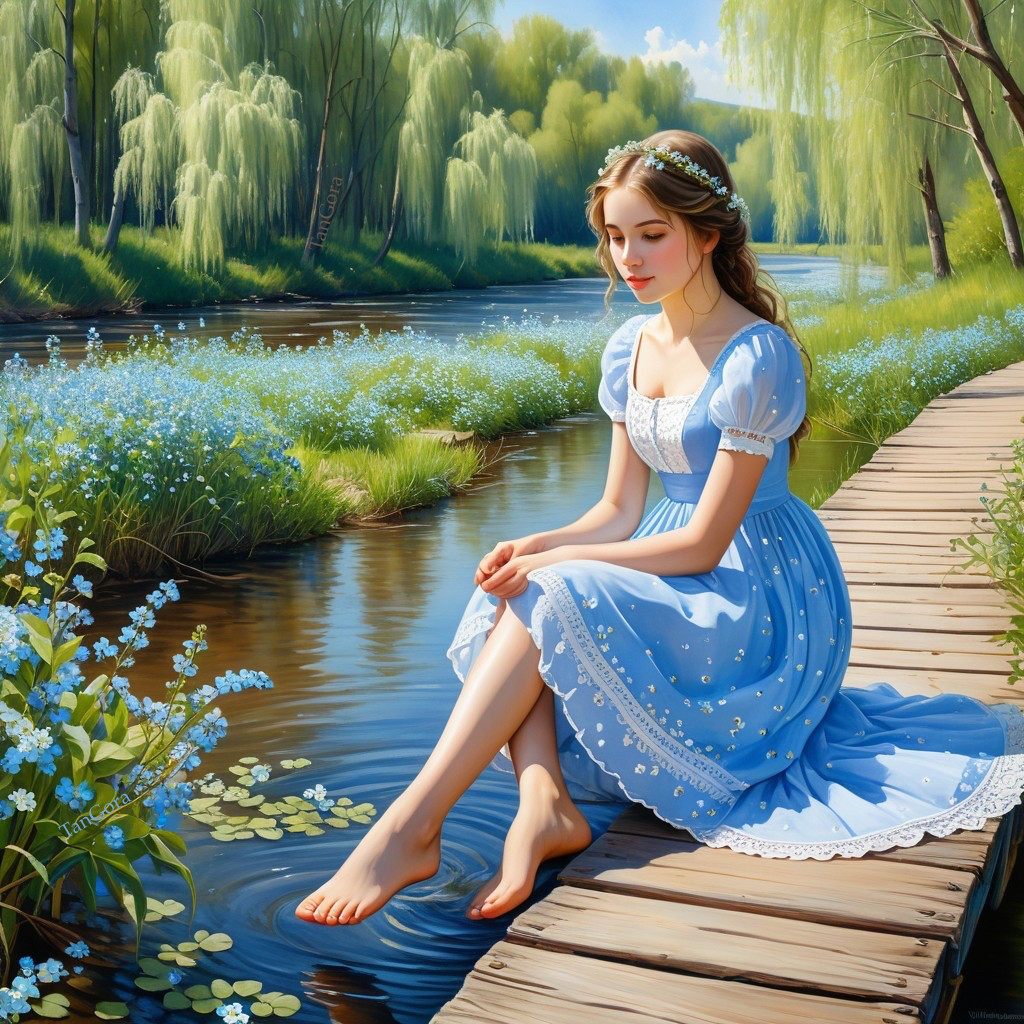 Young Woman in Blue Dress on Serene Wooden Bridge