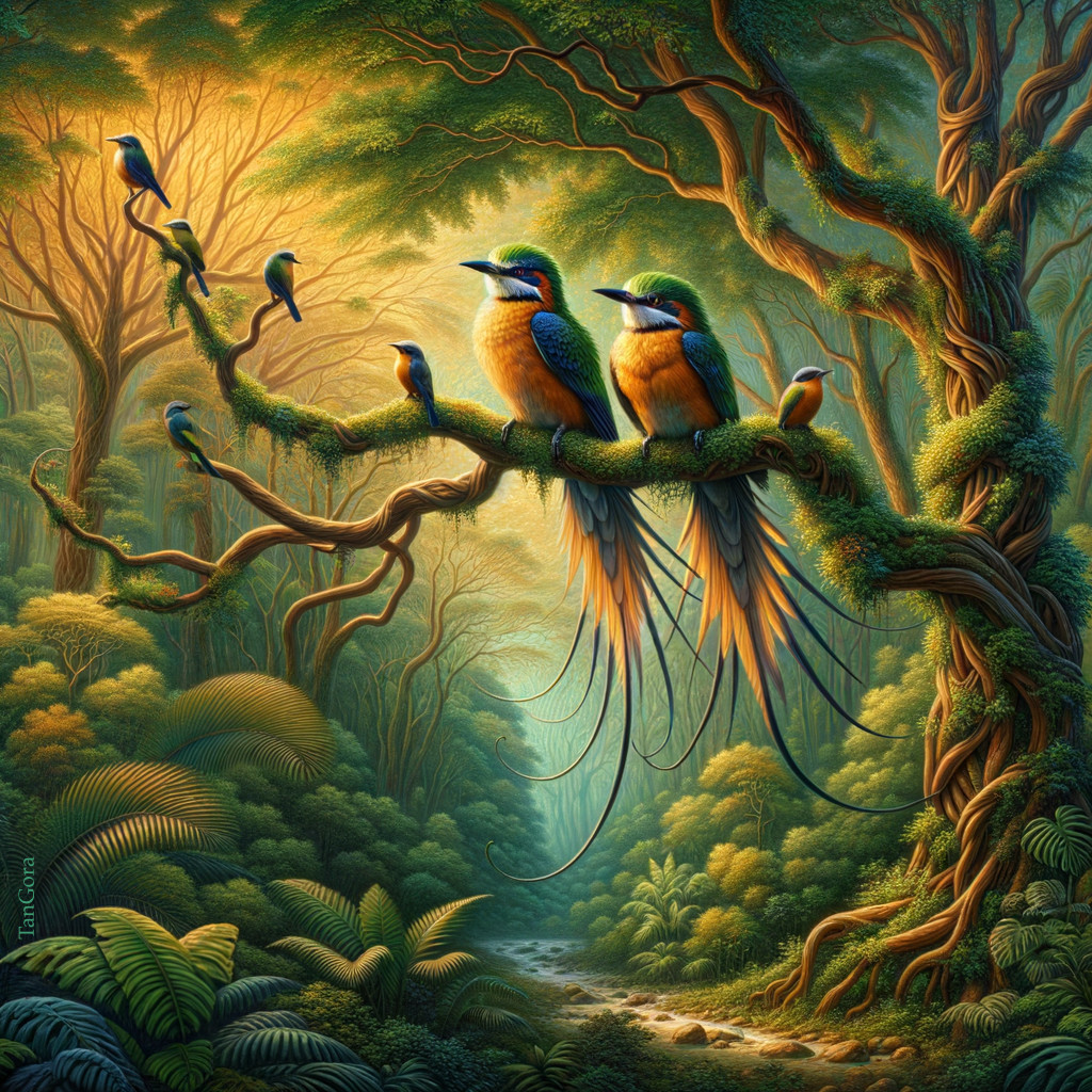 Colorful Birds in a Serene Forest Setting