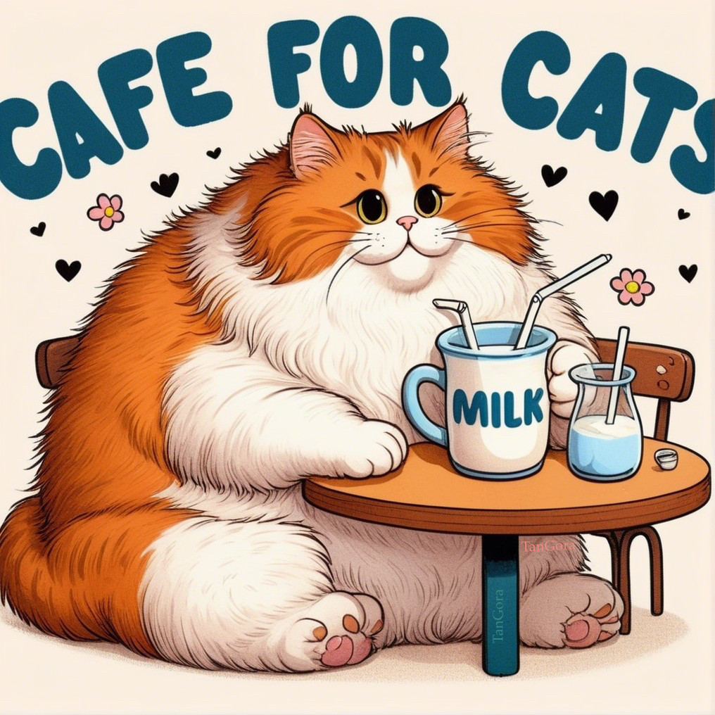 Fluffy Orange and White Cat in Whimsical Café Setting