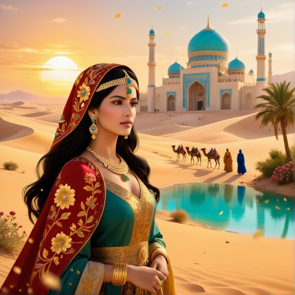 Regal Woman in Vibrant Attire in Desert Landscape