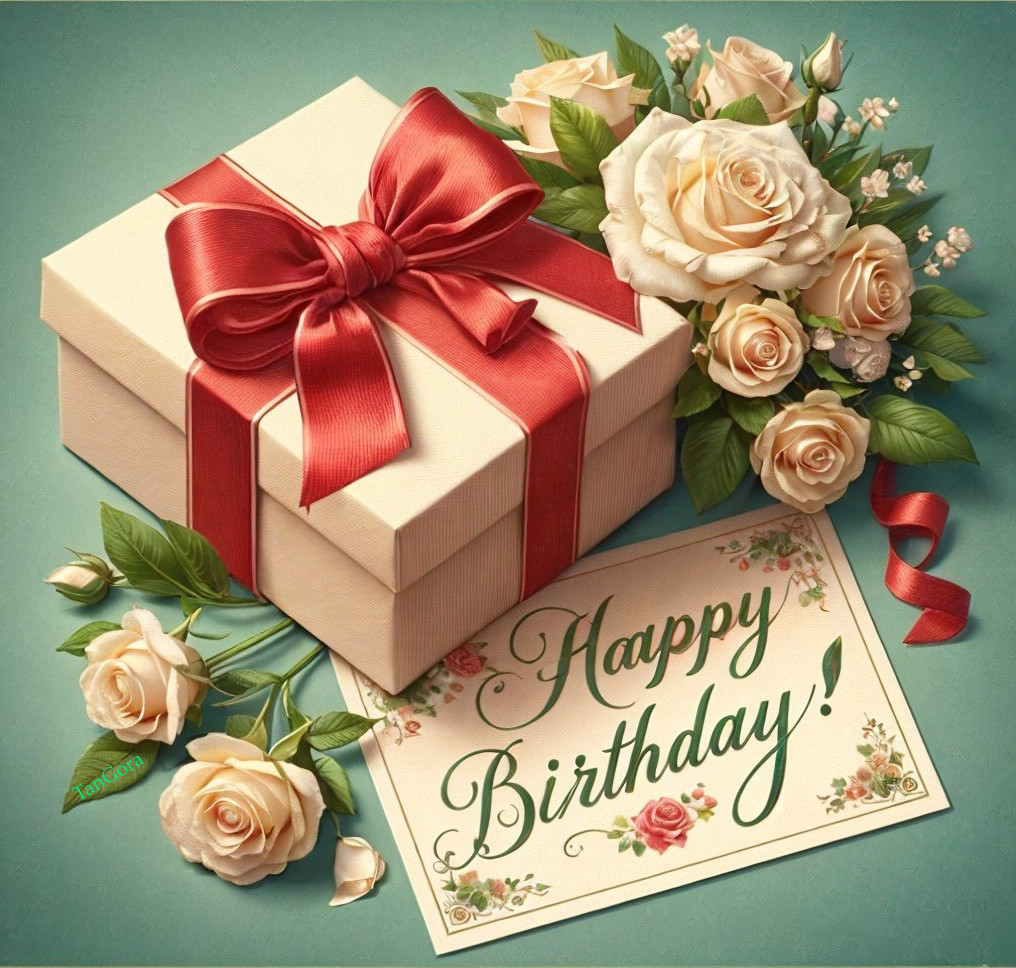 Gift Box with Red Ribbon and White Roses on Blue Background