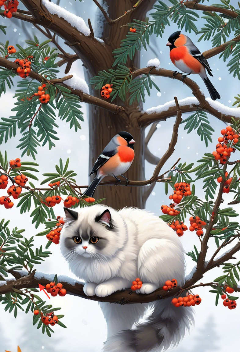 Fluffy White Cat on Tree Branch in Winter Scene