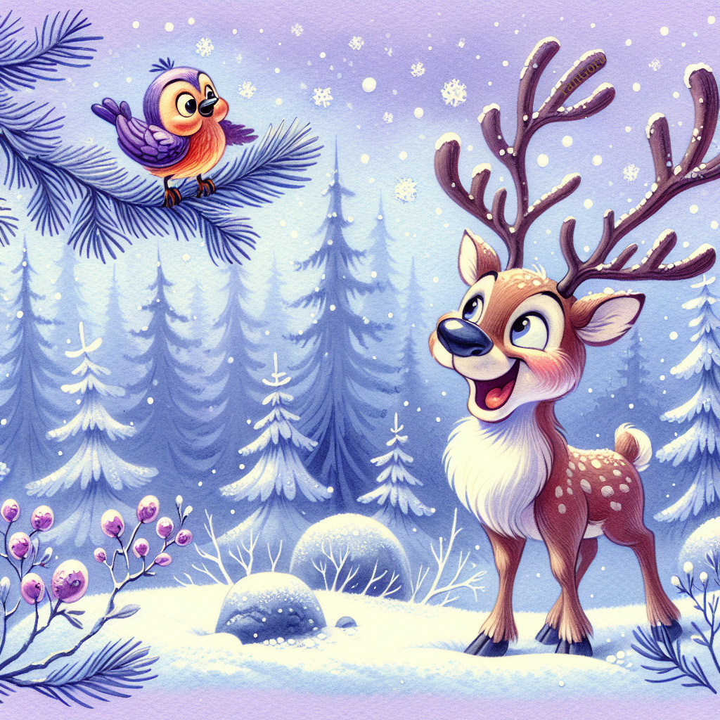 Whimsical Winter Landscape with Deer and Bird