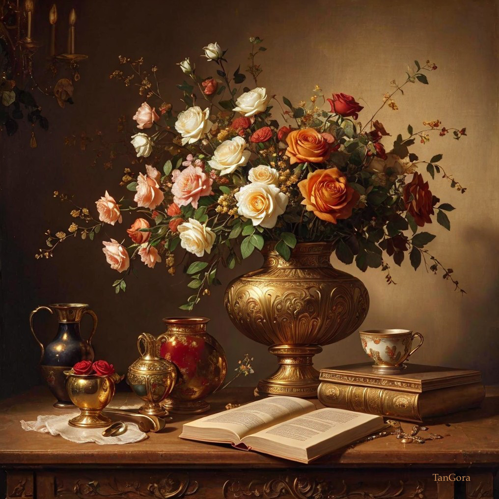 Lavish Still Life with Roses and Elegant Decor Elements