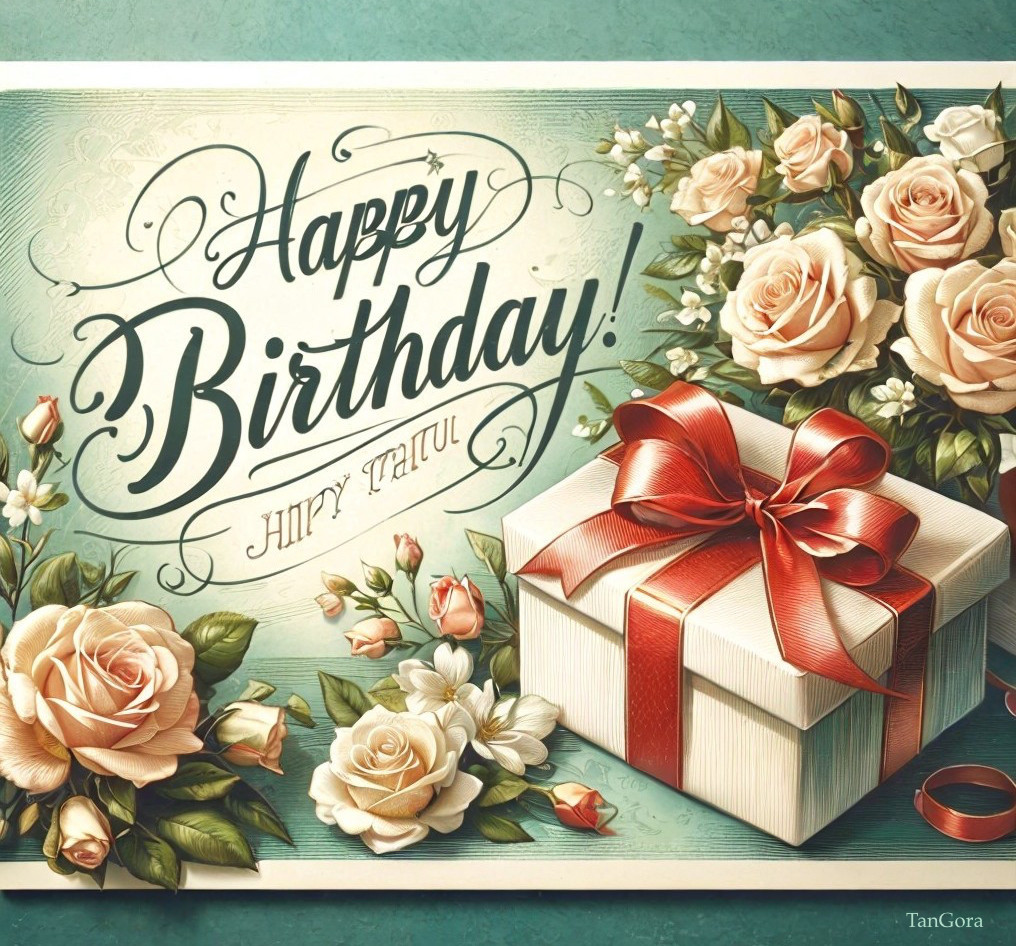 Elegant Birthday Card with Roses and Gift Box Design