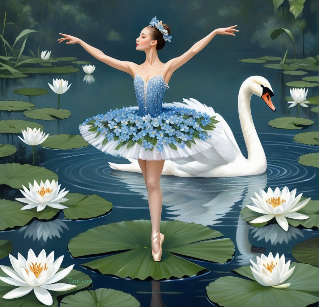 Ballerina in Blue Tutu on Lily Pad with Swans