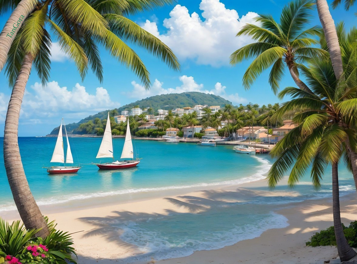 Tropical Beach with Sailboats and Palm Trees