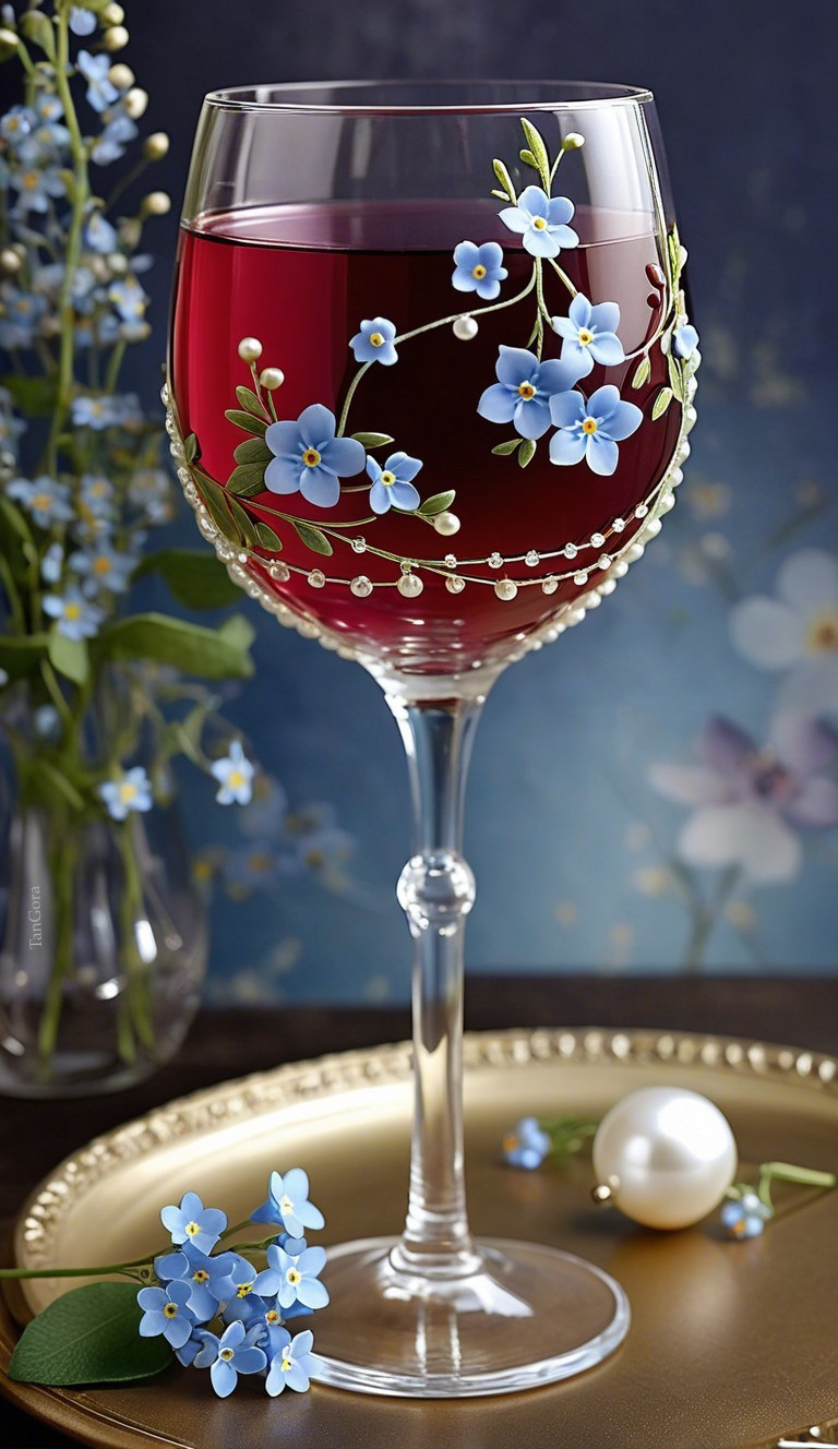Elegant Wine Glass with Red Liquid and Blue Flowers
