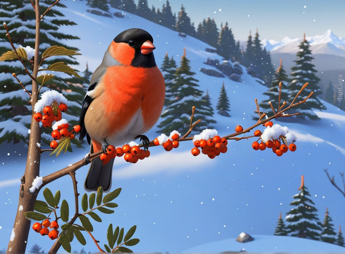 Bullfinch on Berry-Laden Branch in Snowy Landscape