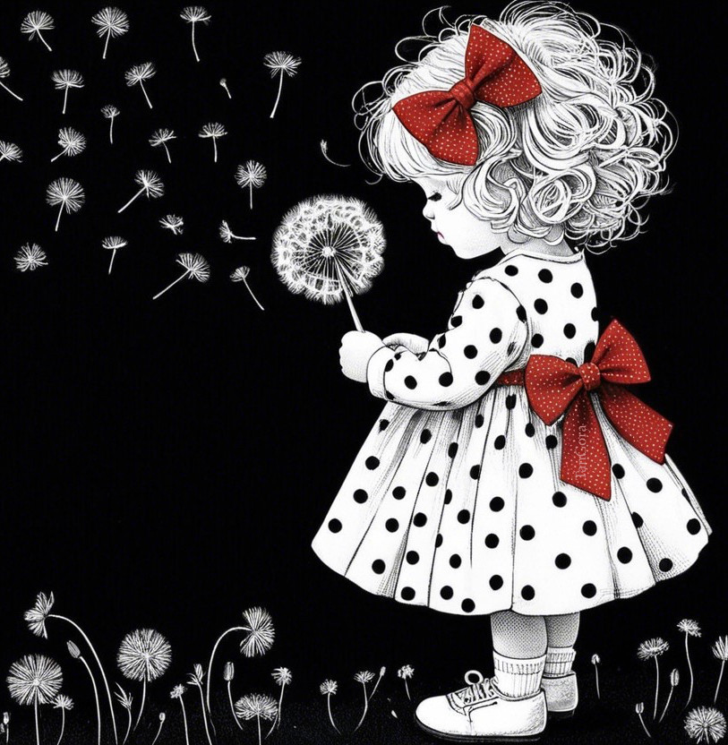 Whimsical Illustration of Girl with Dandelion Seeds